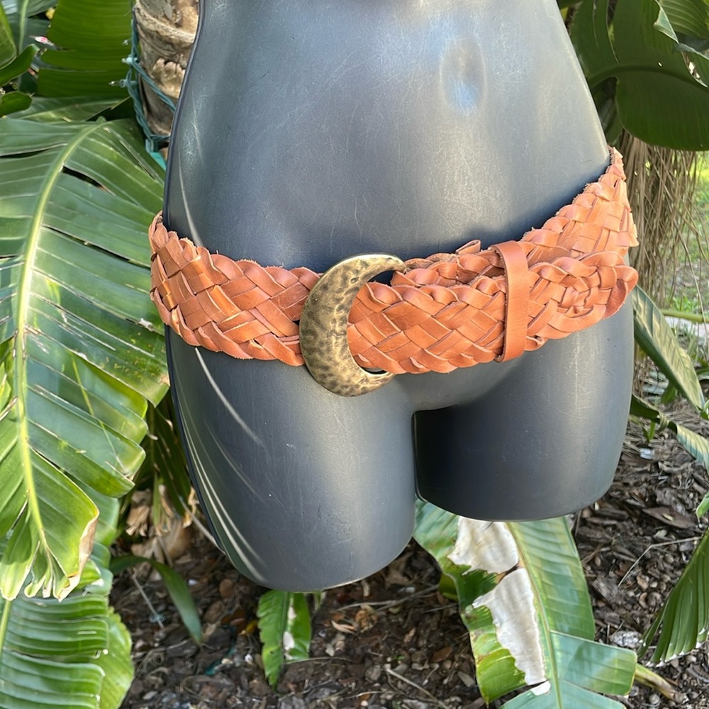 Woven leather wide  statement belt with bronze buckle by Coldwater Creek